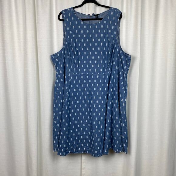 Torrid Denim Chambray Leaf Print Sleeveless Skater Dress Sz.26W - Picture 3 of 13